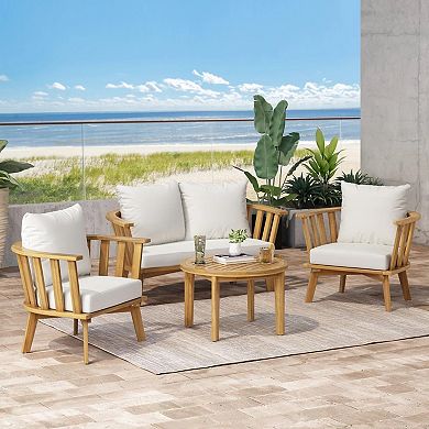 4-Piece Acacia Wood Outdoor Sofa Set with Beige Cushions and a Coffee Table