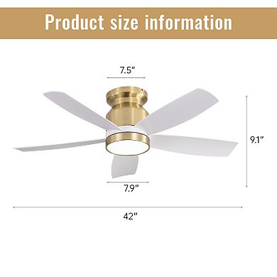 42 in. Flush Mount Ceiling Fans with LED Light 22W and Remote Control 5 ABS Fan Blades