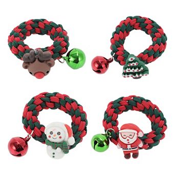 4 pc Christmas Hair Ropes Elk, Snowman, Santa Claus, Fishbone Pine with Bell, Red Green