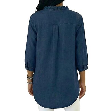 Womens Denim Shirt Button Down 3/4 Sleeve Ruffled Edge Jean Blouses Tops