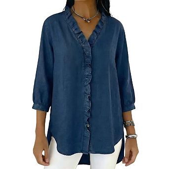 Womens Denim Shirt Button Down 3/4 Sleeve Ruffled Edge Jean Blouses Tops