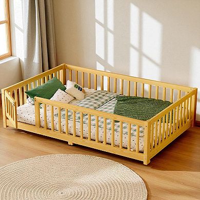 Lufeiya Twin/Full/Queen Kids Floor Bed with Safety Guardrails,Wooden Low Profile Platform Bed Frame