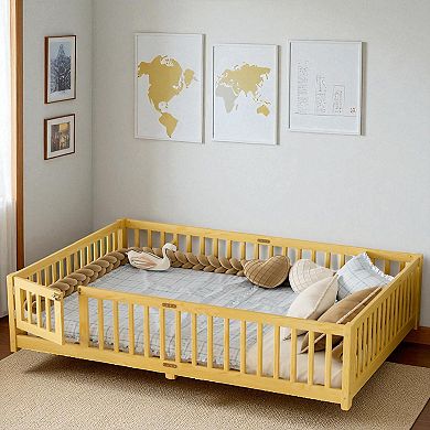 Lufeiya Twin/Full/Queen Kids Floor Bed with Safety Guardrails,Wooden Low Profile Platform Bed Frame