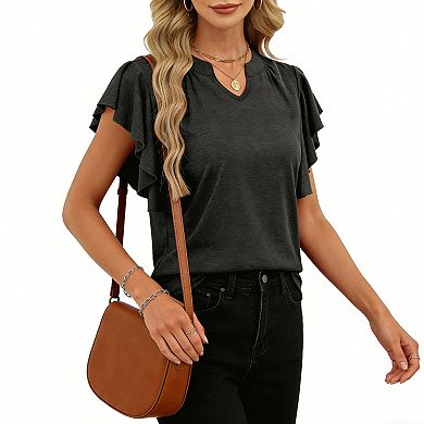 Women's V Neck Ruffle Short Sleeve Top Casual Loose Fit Blouse
