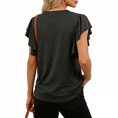 Women's V Neck Ruffle Short Sleeve Top Casual Loose Fit Blouse