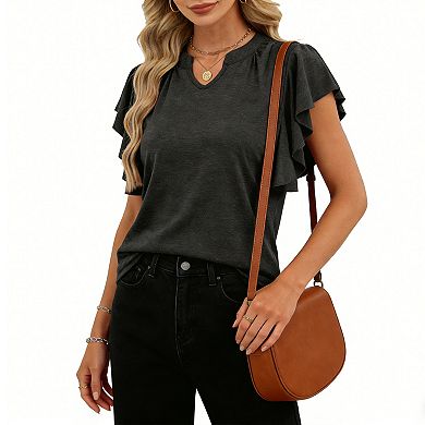 Women's V Neck Ruffle Short Sleeve Top Casual Loose Fit Blouse