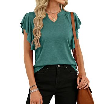 Women's V Neck Ruffle Short Sleeve Top Casual Loose Fit Blouse