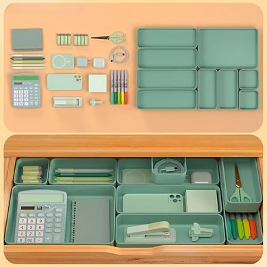 Stackable Drawer Organizers, 9-Piece Plastic Trays Set, Green, for Bathroom & Desk