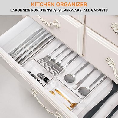 Drawer Organizers Set of 8, Large Clear Plastic Dividers, for Kitchen & Bathroom Essentials