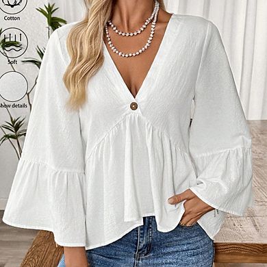 Women's V Neck Peplum Blouse Flared Bell Sleeves Single Button Front Soft Casual Top