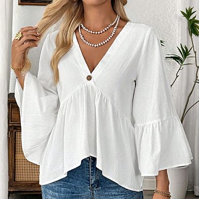 Women's V Neck Peplum Blouse Flared Bell Sleeves Single Button Front Soft Casual Top