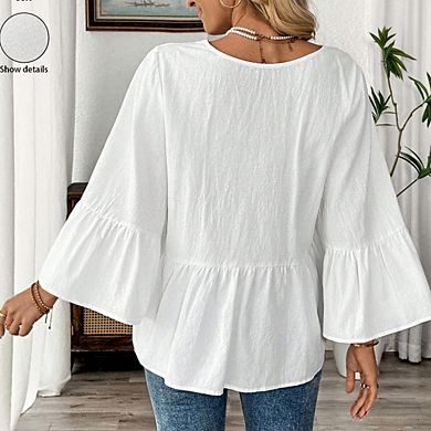 Women's V Neck Peplum Blouse Flared Bell Sleeves Single Button Front Soft Casual Top