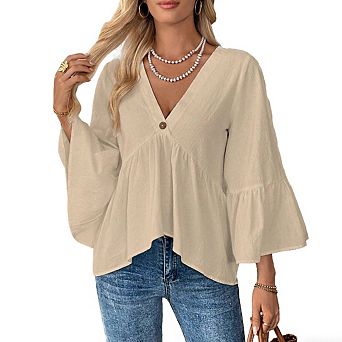 Women's V Neck Peplum Blouse Flared Bell Sleeves Single Button Front Soft Casual Top