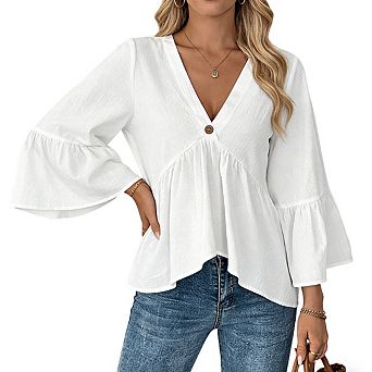 Women's V Neck Peplum Blouse Flared Bell Sleeves Single Button Front Soft Casual Top