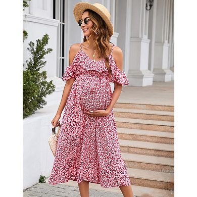 Women Maternity Dress Midi Flowy Flutter Sleeve with Tie Straps Dress