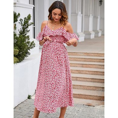 Women Maternity Dress Midi Flowy Flutter Sleeve with Tie Straps Dress