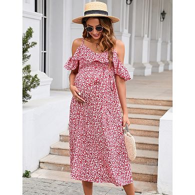 Women Maternity Dress Midi Flowy Flutter Sleeve with Tie Straps Dress