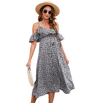 Women Maternity Dress Midi Flowy Flutter Sleeve with Tie Straps Dress