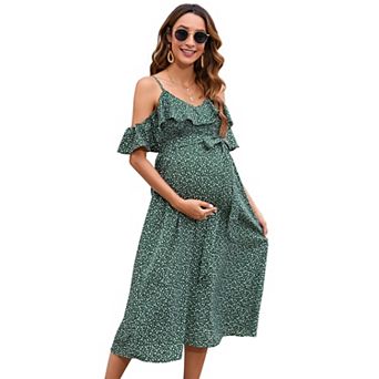 Women Maternity Dress Midi Flowy Flutter Sleeve with Tie Straps Dress