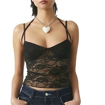Women's Lace V-Neck Camisole Top, Bow Detail Sheer Fitted Sleeveless Top with Halter Strap