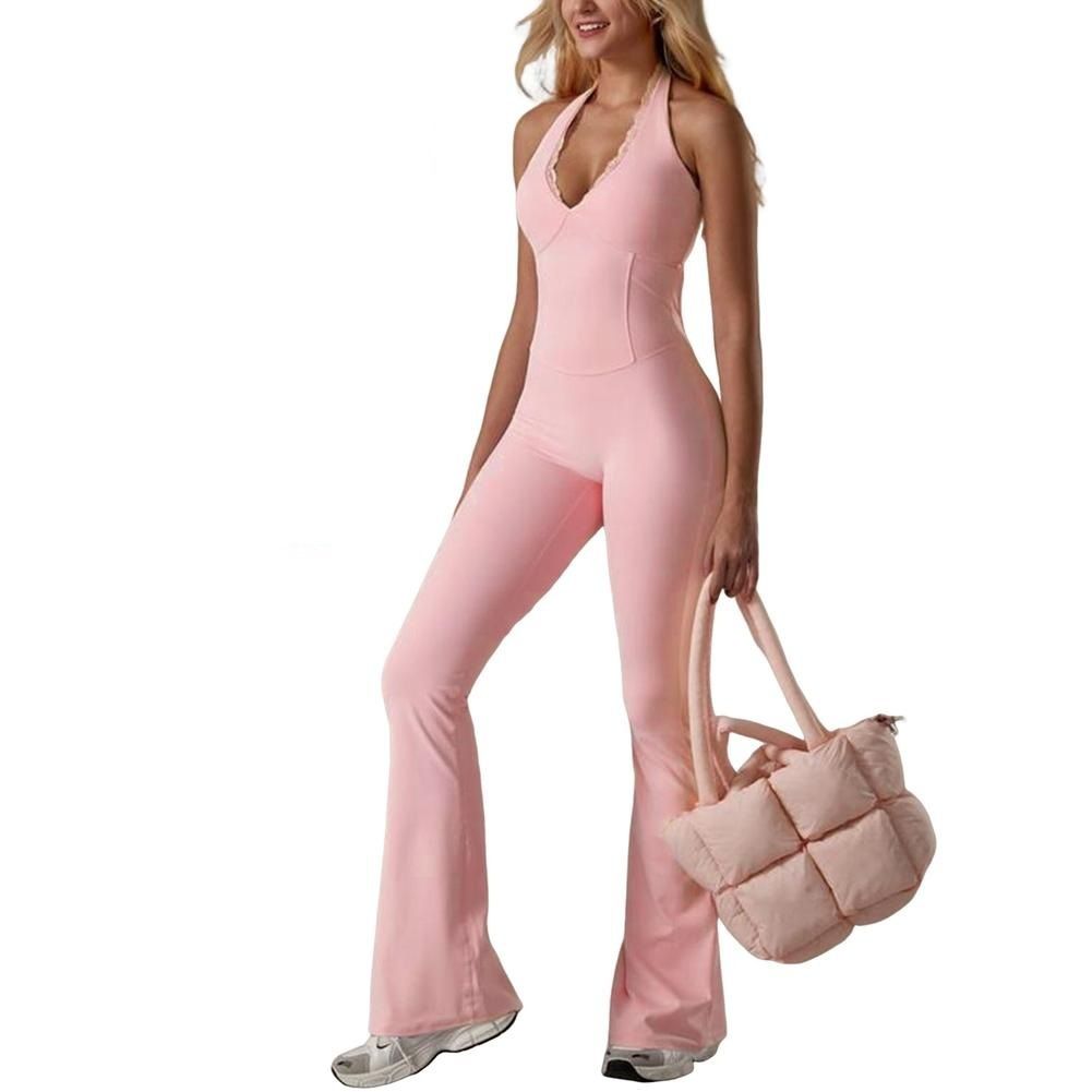 Женские брюки Women Jumpsuit Yoga Solid Color V-Neck Lace Trim Halter Yoga Jumpsuit with Flared Pants
