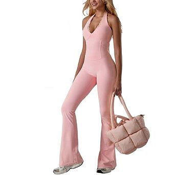 Women Jumpsuit Yoga Solid Color V-Neck Lace Trim Halter Yoga Jumpsuit with Flared Pants