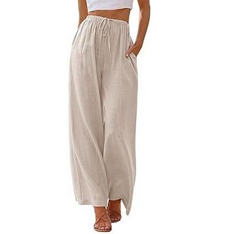 Wide Leg Linen Pants for Women Summer Flowy High Waisted Beach Palazzo Trousers with Pockets