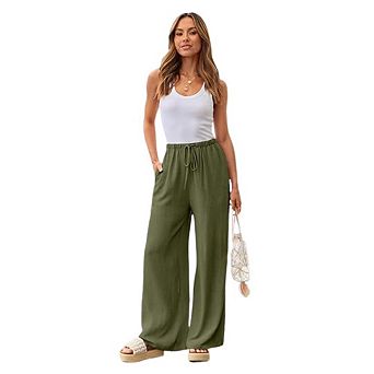 Wide Leg Linen Pants for Women Summer Flowy High Waisted Beach Palazzo Trousers with Pockets