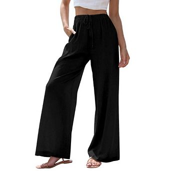 Wide Leg Linen Pants for Women Summer Flowy High Waisted Beach Palazzo Trousers with Pockets