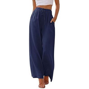 Wide Leg Linen Pants for Women Summer Flowy High Waisted Beach Palazzo Trousers with Pockets