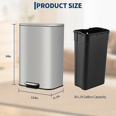 8 Gallon Stainless Steel Step-on Trash Can with Soft-Close Lid & Removable Inner Bucket, Silver