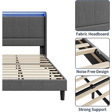 Upholstered Platform Bed Frame with LED Lights & Charging Station, Headboard,Sturdy Wooden Slats