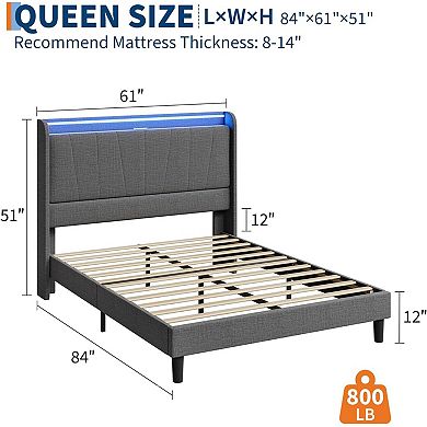 Upholstered Platform Bed Frame with LED Lights & Charging Station, Headboard,Sturdy Wooden Slats