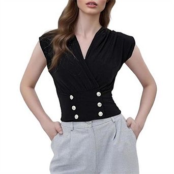 Women's V-Neck Sleeveless Wrap Top with Double Breasted Pearl Buttons
