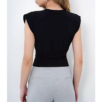 Women's V-Neck Sleeveless Wrap Top with Double Breasted Pearl Buttons