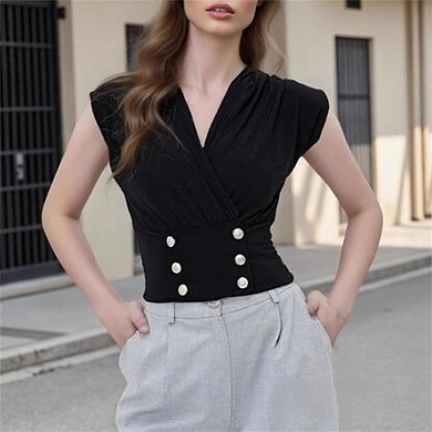 Women's V-Neck Sleeveless Wrap Top with Double Breasted Pearl Buttons