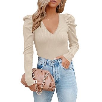 Women's Puff Long Sleeve Knit Pullover Sweaters Casual V Neck Ribbed Solid Soft Slim Fit Blouse Tops