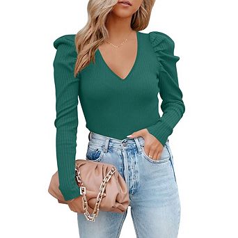 Women's Puff Long Sleeve Knit Pullover Sweaters Casual V Neck Ribbed Solid Soft Slim Fit Blouse Tops