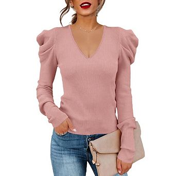 Women's Puff Long Sleeve Knit Pullover Sweaters Casual V Neck Ribbed Solid Soft Slim Fit Blouse Tops