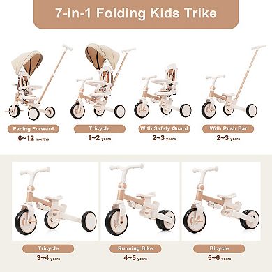 7-in-1 baby tricycle with detachable handle, pedals, canopy and guardrail, light brown