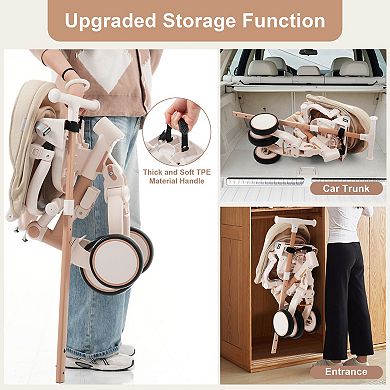 7-in-1 baby tricycle with detachable handle, pedals, canopy and guardrail, light brown