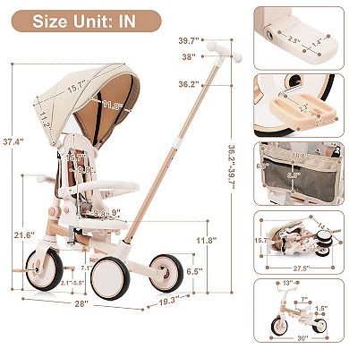 7-in-1 baby tricycle with detachable handle, pedals, canopy and guardrail, light brown