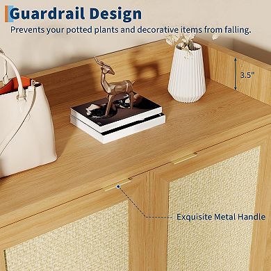 Rattan Shoe Cabinet , Wooden Shoe Rack Freestanding Storage Cabinet Adjustable Shelves