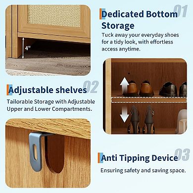 Rattan Shoe Cabinet , Wooden Shoe Rack Freestanding Storage Cabinet Adjustable Shelves