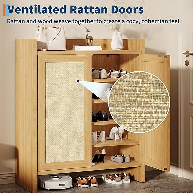 Rattan Shoe Cabinet , Wooden Shoe Rack Freestanding Storage Cabinet Adjustable Shelves