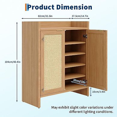 Rattan Shoe Cabinet , Wooden Shoe Rack Freestanding Storage Cabinet Adjustable Shelves