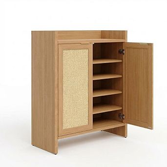 Rattan Shoe Cabinet , Wooden Shoe Rack Freestanding Storage Cabinet Adjustable Shelves