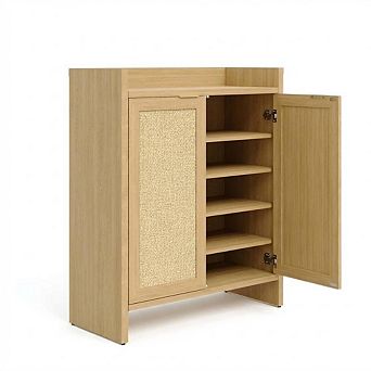 Rattan Shoe Cabinet , Wooden Shoe Rack Freestanding Storage Cabinet Adjustable Shelves