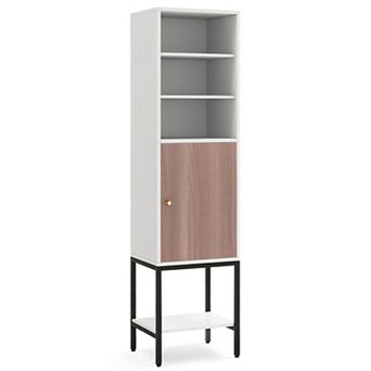 57 Inch Tall Narrow Bathroom Storage Cabinet with Single Door and Shelves
