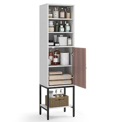 57 Inch Tall Narrow Bathroom Storage Cabinet with Single Door and Shelves